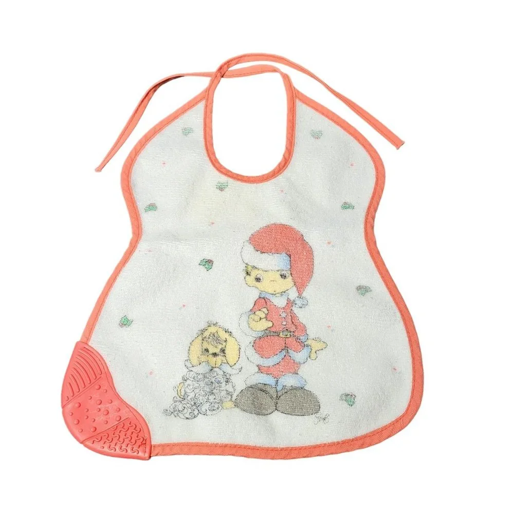 Vintage‎ Precious Moments Christmas Santa Claus and Dog Baby Bib with Teether